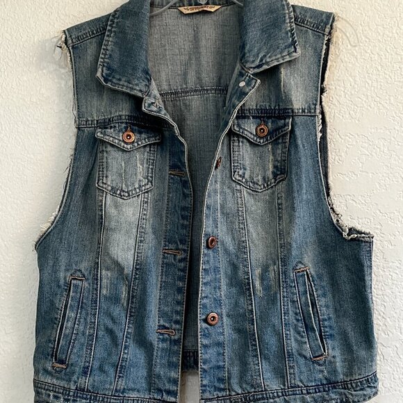 Highway Jeans Sleeveless Denim Jean Jacket Vest Distressed Women's Size Large - Picture 1 of 12